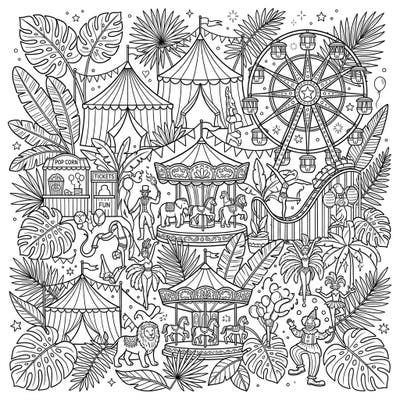 Immerse yourself in the vibrant world of our Tropical Carnival coloring page, where the thrill of the circus meets lush jungle beauty. This detailed scene offers endless coloring possibilities with exotic leaves, festive tents, and playful performers.