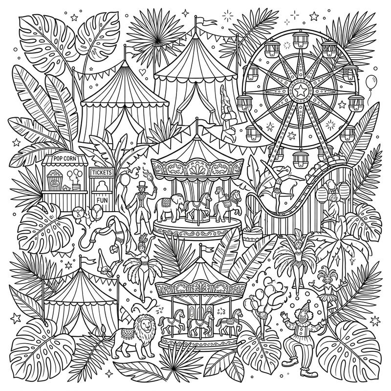 Immerse yourself in the vibrant world of our Tropical Carnival coloring page, where the thrill of the circus meets lush jungle beauty. This detailed scene offers endless coloring possibilities with exotic leaves, festive tents, and playful performers.