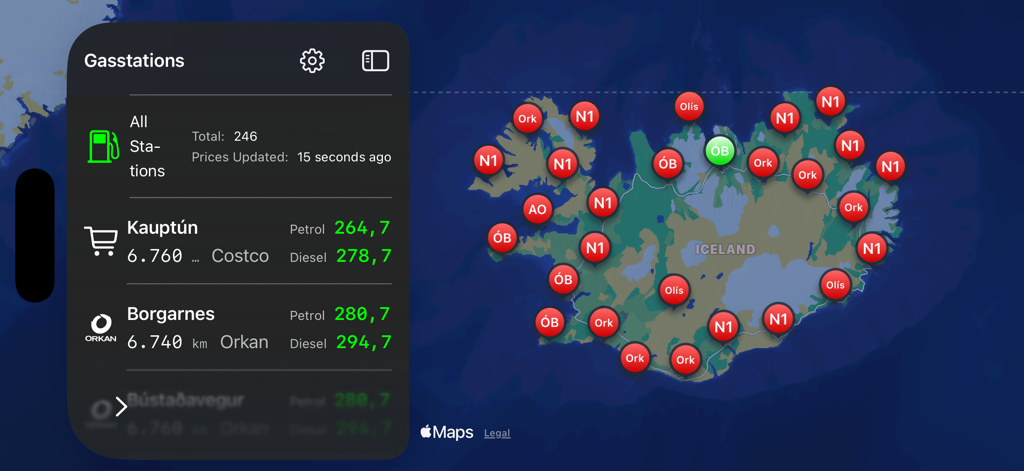 Map view of gas stations across Iceland with a sidebar showing real-time petrol and diesel prices