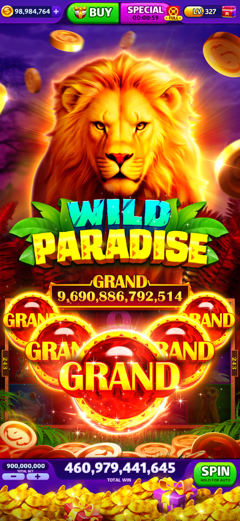 Cash Frenzy™ - Slots Casino - Pantalla de máquina tragamonedas Cash Frenzy Wild Paradise mostrando un león y recompensas de gran jackpot