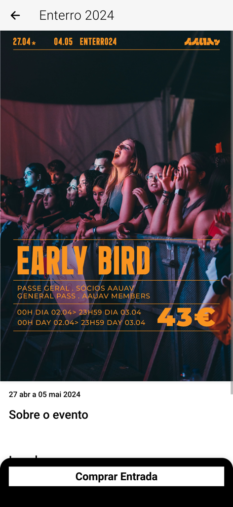 Ecrã da app AAUAV mostrando detalhes do evento Enterro 2024 e opção de compra de bilhete 'early bird'.