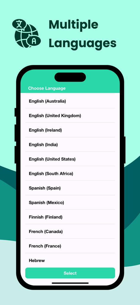 Text To Speech With AI. - Una pantalla de teléfono inteligente que muestra una lista de idiomas y dialectos disponibles en la aplicación Texto a Voz con IA, que incluyen inglés, español y francés