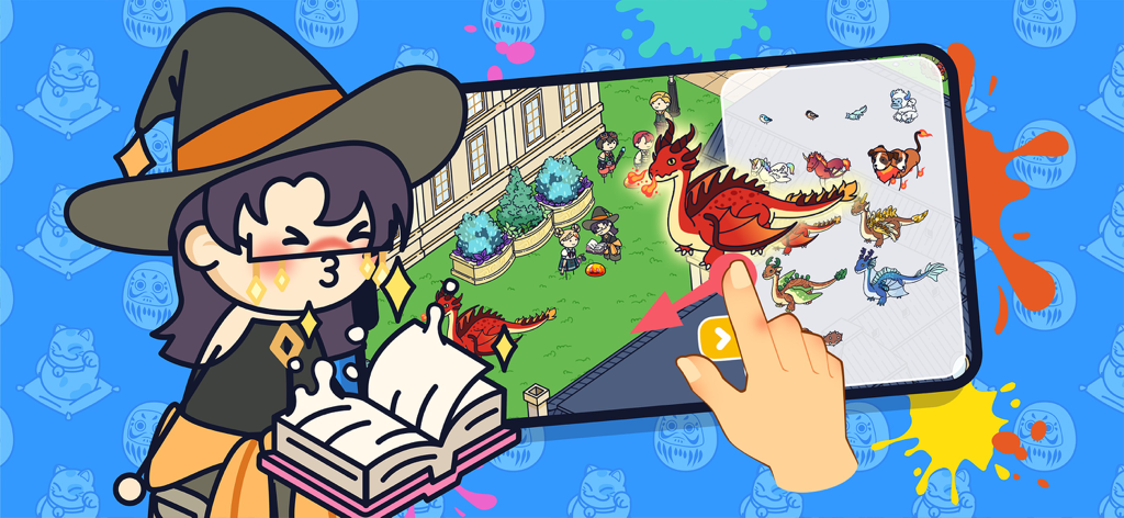 Un mago dei cartoni animati con un libro di magia accanto a uno schermo mobile che mostra la selezione e il posizionamento dei draghi in Topia World