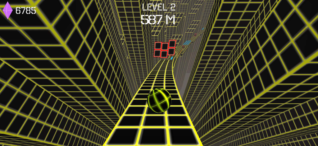 Una bola de neón rodando por una pista de cuadrícula amarilla a través de una ciudad nocturna 3D en Dead Slope 3D.