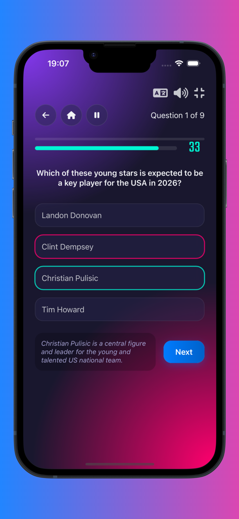 Football quiz games - Gameplay screen of the Football Quiz app showing a trivia question about USA soccer player Christian Pulisic.