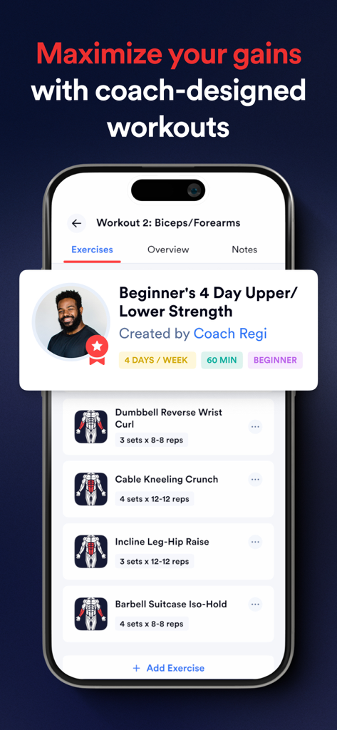 Caliber: Strength Training - Application Caliber montrant un plan d'entraînement de force pour débutants de quatre jours conçu par un coach