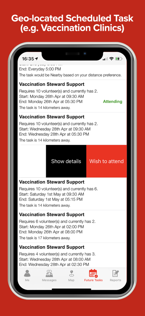 A smartphone displaying the GoodSAM Responder app showing a list of geo-located vaccination clinic volunteer tasks with dates and distances.