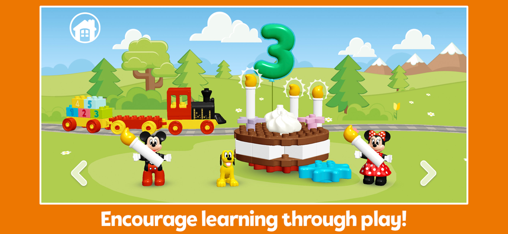 LEGO® DUPLO® Disney - Mickey y Minnie Mouse celebran un tercer cumpleaños con un pastel y tren de LEGO DUPLO en un entorno de juego digital.