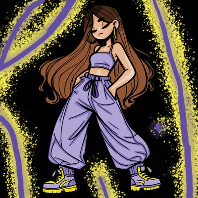 girl in baggy pants crop top and long hair
