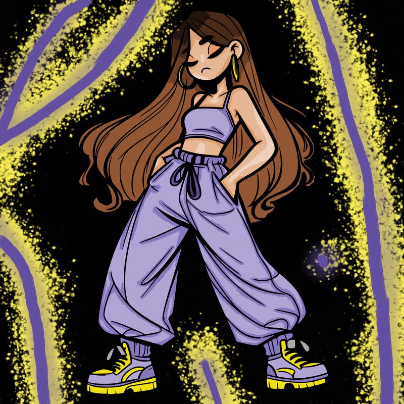 girl in baggy pants crop top and long hair