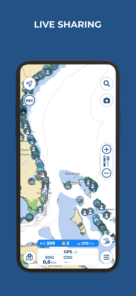 Aqua Map Boating - Aqua Map Boating mobile app interface showing the live sharing feature with real time vessel locations on a nautical chart of Florida and the Bahamas