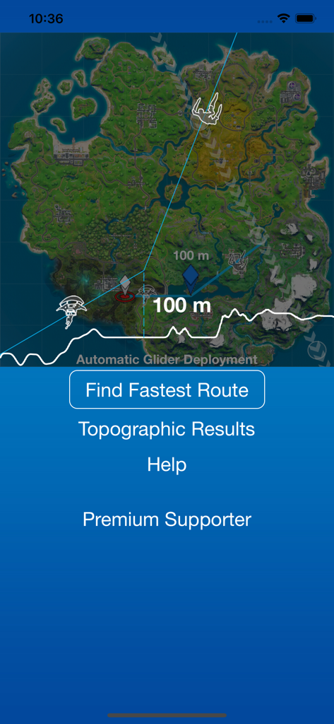 CoPilot - Landing Assistant - CoPilot app interface showing a Fortnite map with a calculated path for the fastest landing route.