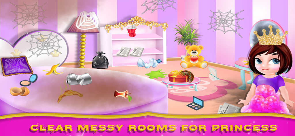 Little Princess House Cleaning - A princess standing in a messy bedroom with cobwebs and trash that needs cleaning