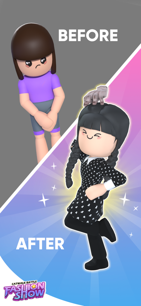 A before and after character transformation in Fashion Show Catwalk Battle featuring a Wednesday Addams inspired outfit