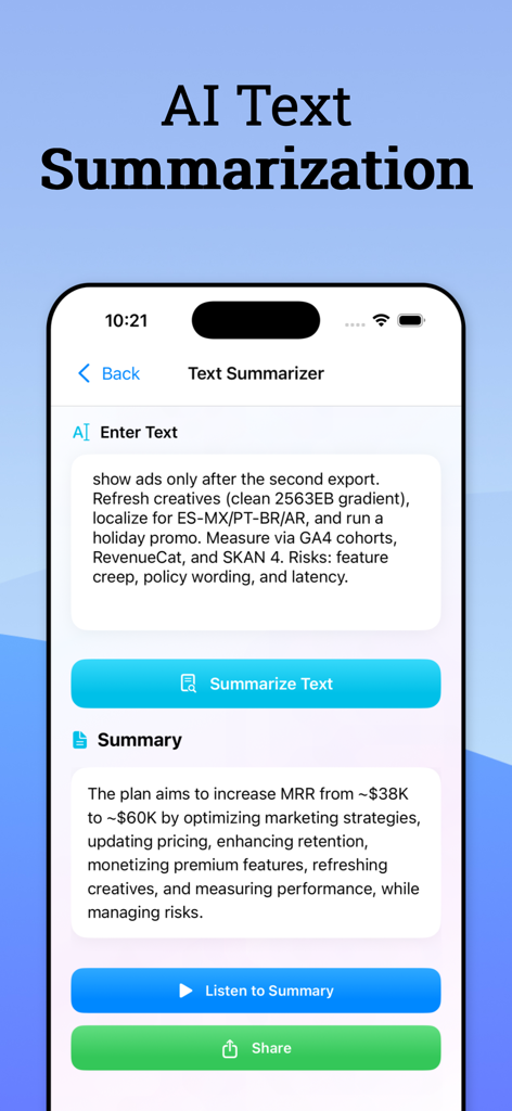 Interface of the TTS Reader app showing the AI text summarization feature with a summary of business text.