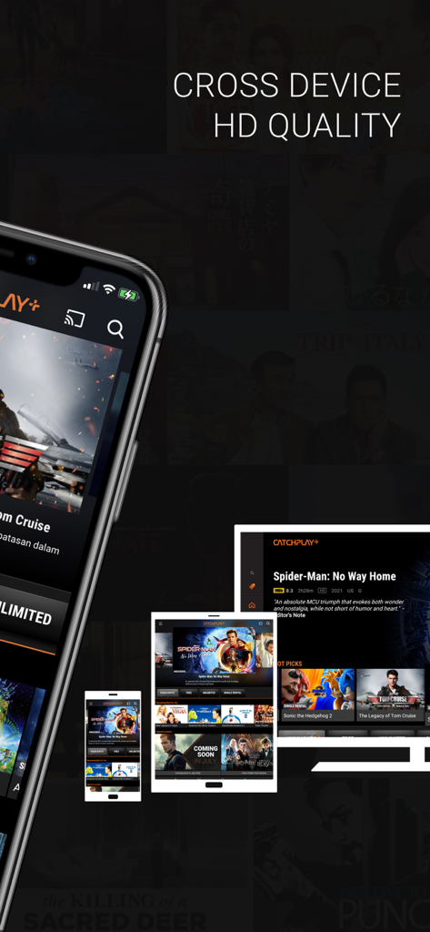 Interfaccia dell'app di streaming CATCHPLAY+ su smartphone, tablet e smart TV.