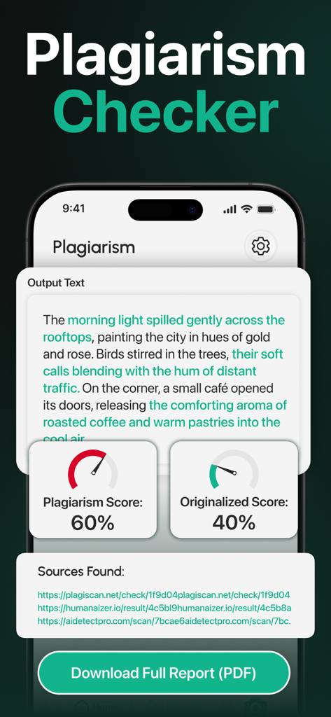 AI Detector : Text Humanizer - Mobile app interface showing a plagiarism score of 60 percent and sources found for analyzed text