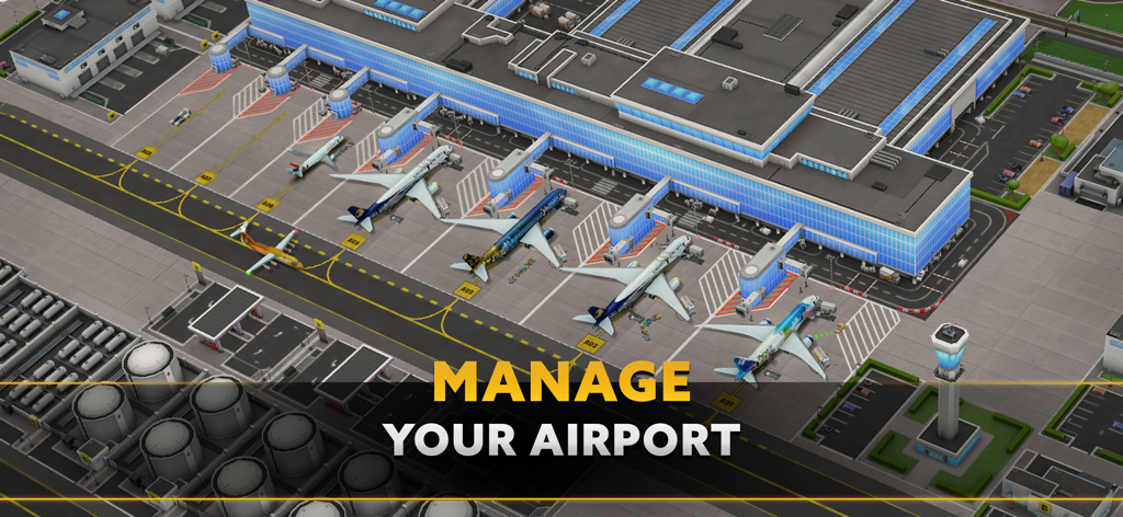 Top down 3D view of an airport terminal with several airplanes parked at gates and a control tower