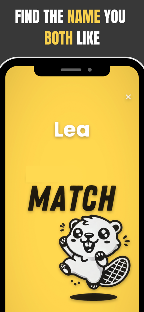 Babyname - Find Baby Name - Screenshot of the Babyname app showing a mutual name match for the name Lea with a cute beaver mascot