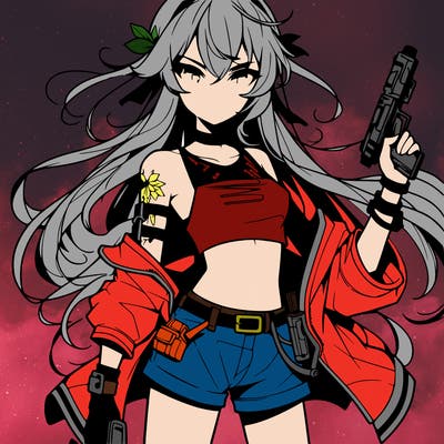 bad girl wearing crop top holding a gun long hair anime
