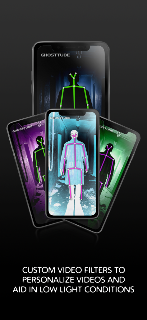 GhostTube SLS Camera App zeigt benutzerdefinierte Videofilter und die Erkennung humanoider Strichfiguren.