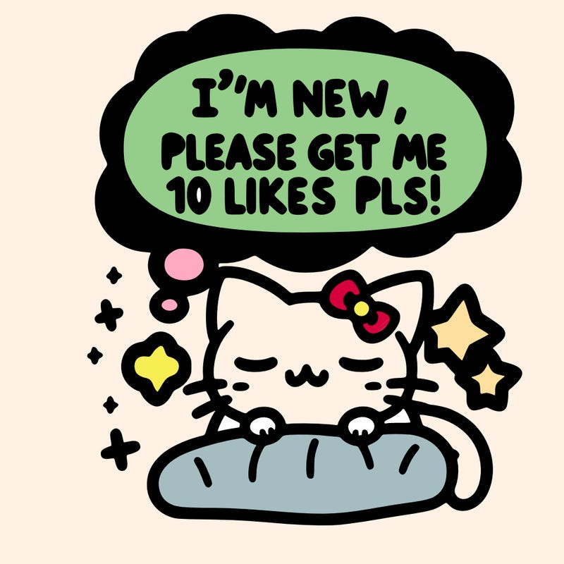 kitty taking a nap dream talking and saying "i'm new, please get me at least 10 likes pls!!"