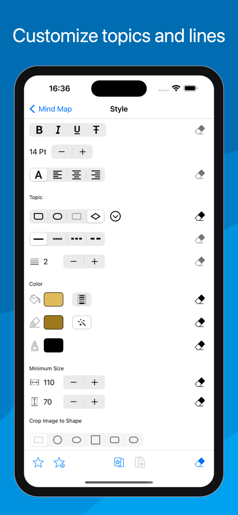 SimpleMind Pro interface showing customization options for mind map topics including shapes lines and colors