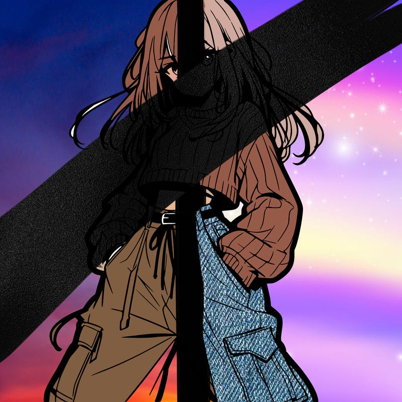 anime teen girl with baggy pants and crop top with sweater