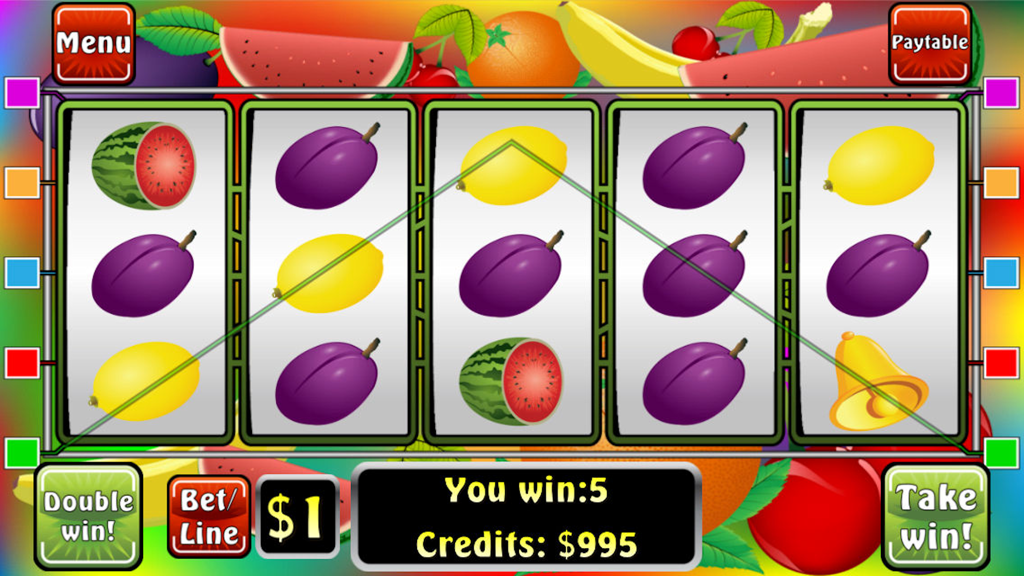 Slot Fever - A classic five-reel fruit slot machine game interface featuring plums, lemons, and watermelons with a highlighted winning payline.