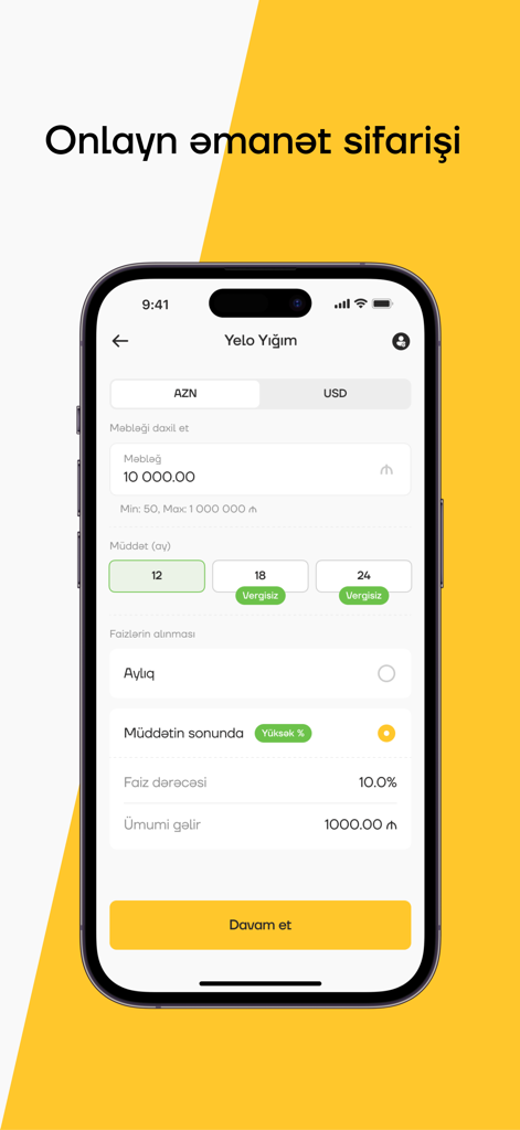 Yelo - Yelo bank mobile app screen for setting up an online savings deposit in AZN or USD