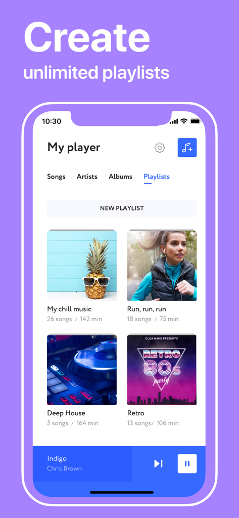 Offline Music Player app interface showing various music playlists with cover images.