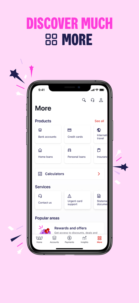 Westpac - Westpac mobile app interface displaying various banking products and services