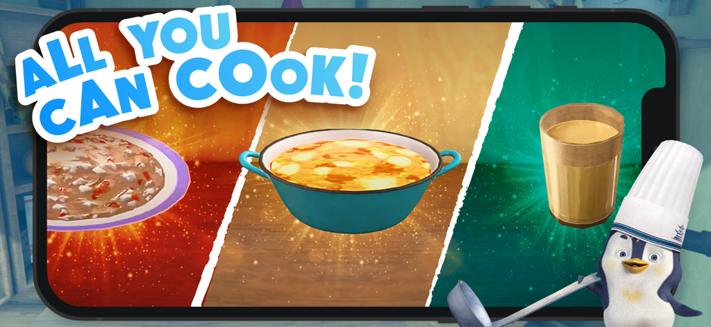 Masha and the Bear: Cook food - Un chef pingüino con sopa y bebidas en el juego de cocina de Masha y el Oso.