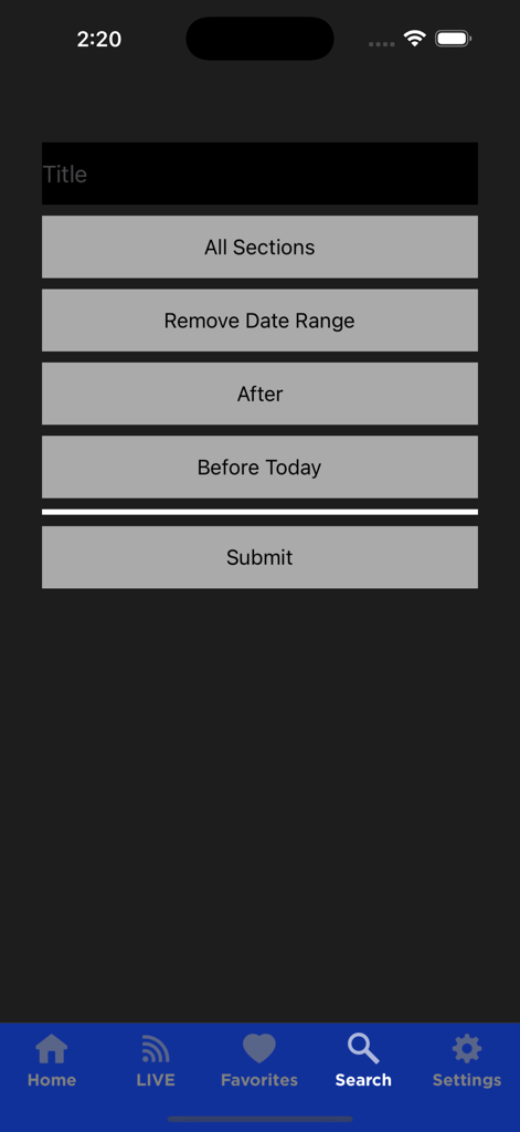 SSC Digital Network - Search interface of the SSC Digital Network app featuring event filters for sections and dates.