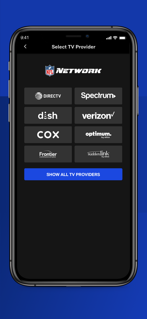 NFL Network - Pantalla móvil mostrando una lista de proveedores de TV de EE. UU. como DirecTV y Spectrum para iniciar sesión en la app de NFL Network.