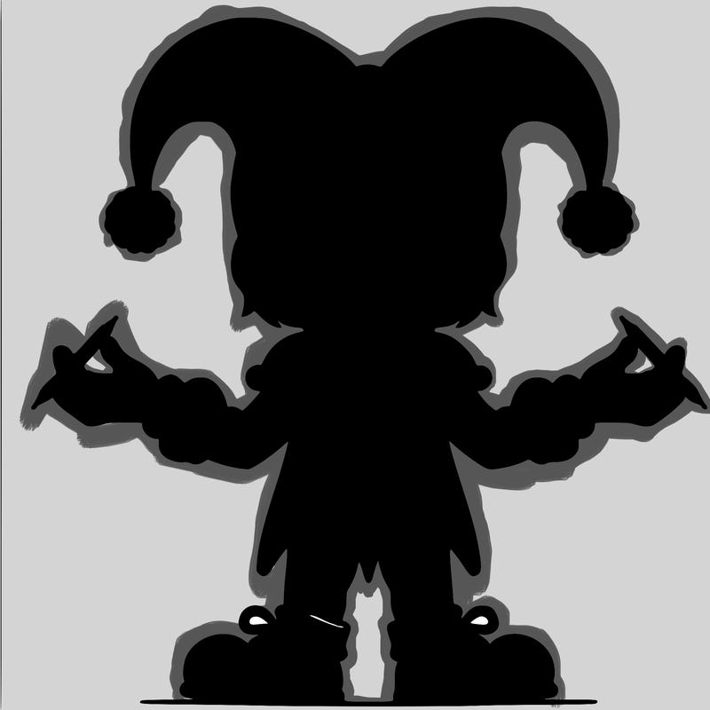 pomni white skin dark brown hair short adjuster hat, that’s red and blue with pom-poms on it red and blue jester suit with pom-poms on the middle 2 of them jester shoes, red and blue at the top yellow ribbon red and blue for the gloves ribbon on the gloves her eyes looks like pizza slices, but colored, red and blue at the same time