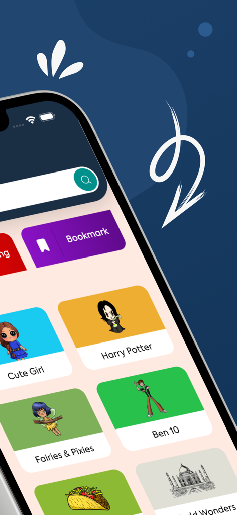 Oberfläche der "Wie man zeichnet"-App mit Zeichenkategorien wie Harry Potter und Ben 10