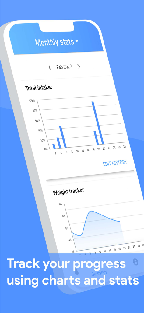 Drink Water Reminder + Tracker - Gráfico de barras de ingesta de agua mensual y gráfico de línea de seguimiento de peso en la aplicación