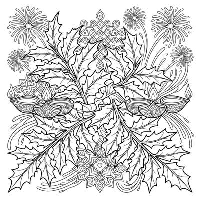 Dive into a unique celebration with this holly fern and Diwali festival coloring page, blending natural elegance with festive cheer. Discover intricate details of traditional diyas, rangoli, and fireworks, perfect for a joyful coloring experience.