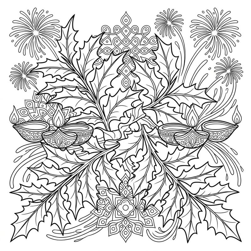 Dive into a unique celebration with this holly fern and Diwali festival coloring page, blending natural elegance with festive cheer. Discover intricate details of traditional diyas, rangoli, and fireworks, perfect for a joyful coloring experience.