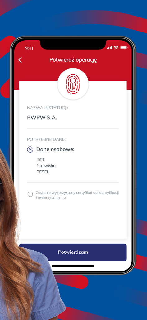 Interfaccia dell'eDO App che mostra una schermata di conferma operazione per PWPW S.A. con campi per dati personali e un pulsante di conferma