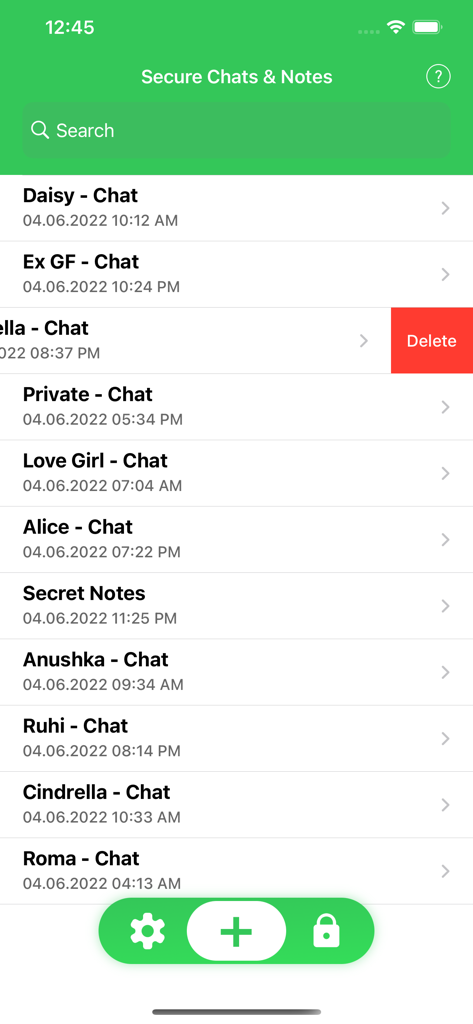Secure Chats for WhatsApp WA - Hauptoberfläche mit einer Liste archivierter privater Chats und geheimer Notizen mit einer Löschoption
