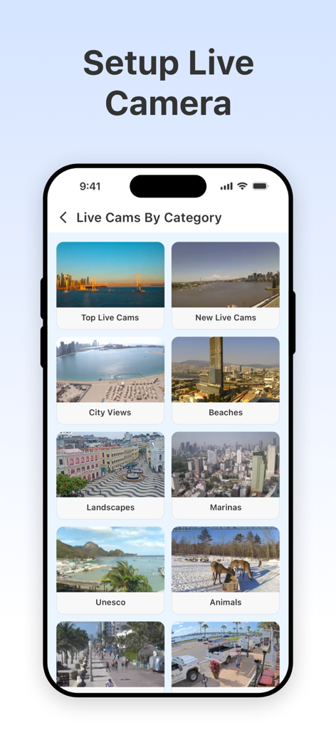 Camera Connect - Home Security - Una pantalla de aplicación móvil que muestra categorías para transmisiones de cámaras en vivo, incluyendo vistas de la ciudad, playas y paisajes.