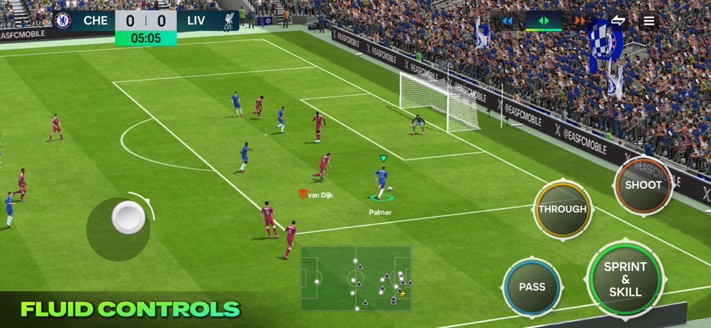 In-game screenshot of EA SPORTS FC Mobile soccer match between Chelsea and Liverpool showing the fluid touch control interface.