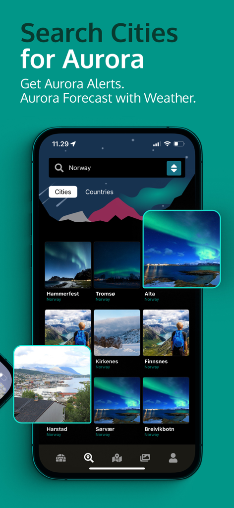 AuroraReach - AuroraReach app interface displaying a search for cities in Norway with real-time aurora photos and visibility alerts