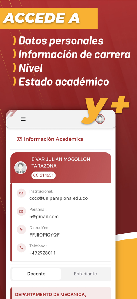 Mi Campus UP - Une capture d'écran de l'application Mi Campus UP affichant l'écran d'informations académiques avec les détails du profil de l'étudiant tels que le nom, l'e-mail, l'adresse et le numéro de téléphone.