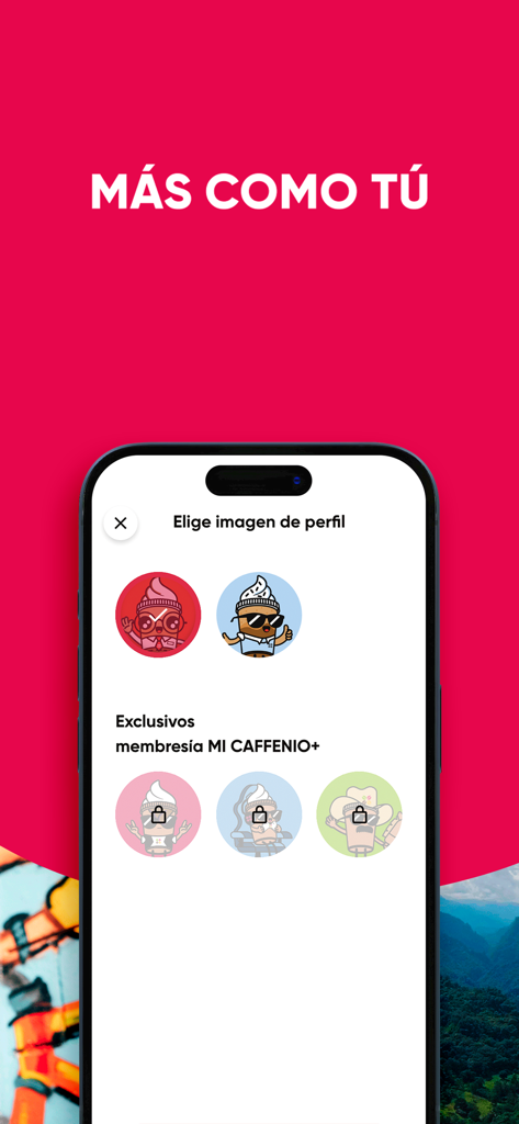 Uma tela no aplicativo Caffenio mostrando vários avatares de personagens de xícaras de café para personalização de perfil