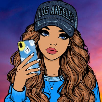 realistic beautiful girl wearing los ángeles cap holding an iphone