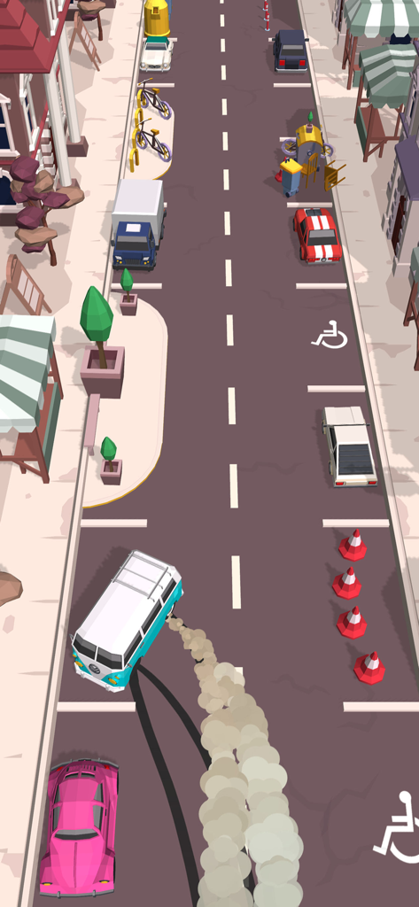 Un van dérapant dans une place de parking dans une rue de la ville dans le jeu mobile Drive and Park