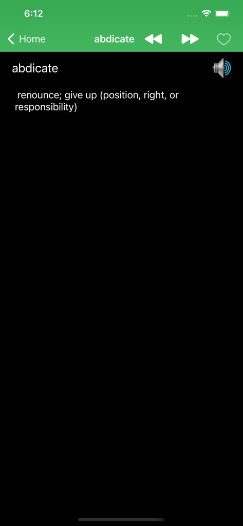 Mobile app interface showing the GRE word abdicate with its definition and audio pronunciation icon